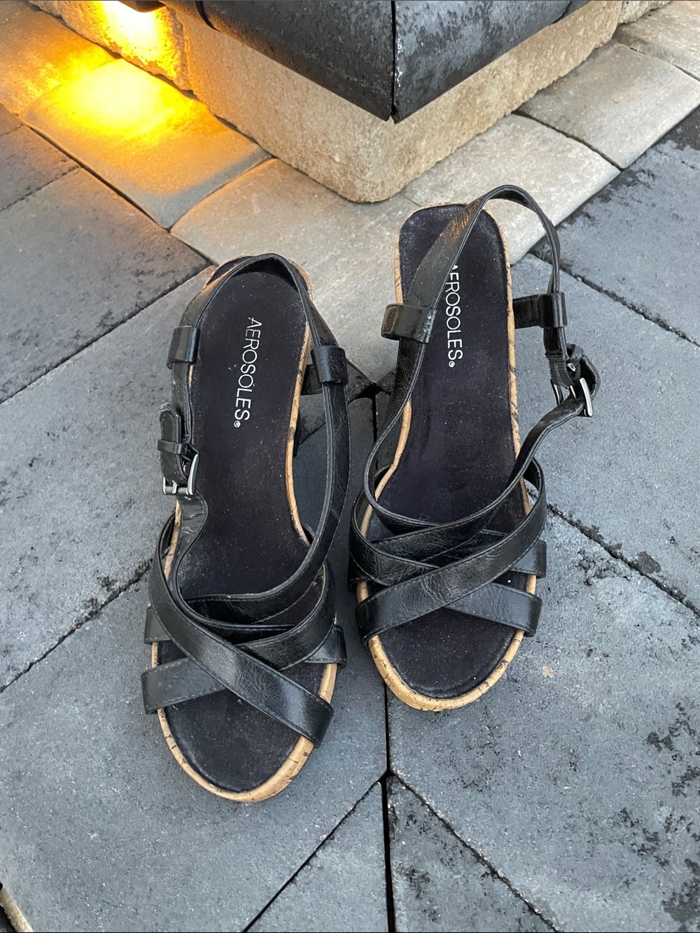 AEROSOLES Black Crisscross Slingback Sandals with Cork Upper - Size 8
